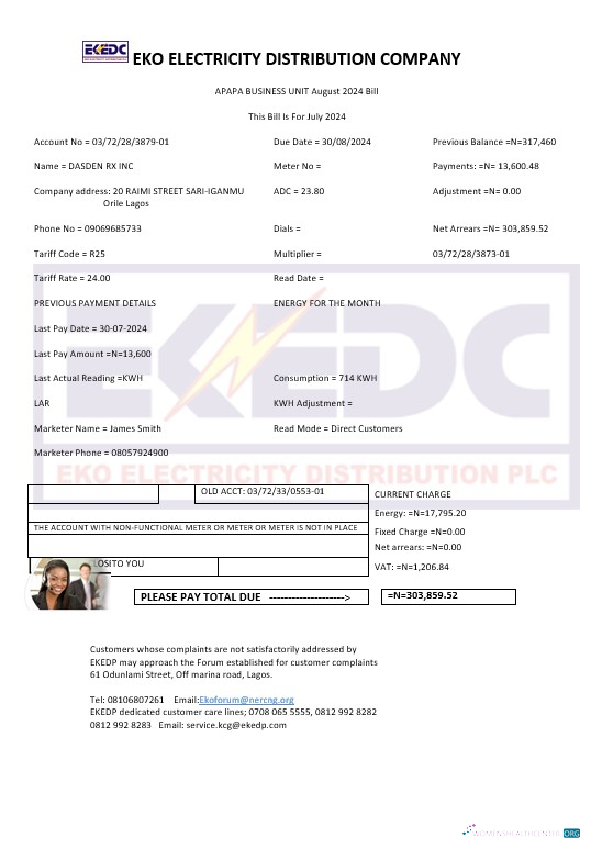 Nigeria Eko Electricity Distribution Company (EKEDC) business utility bill template in Word and PDF formats
